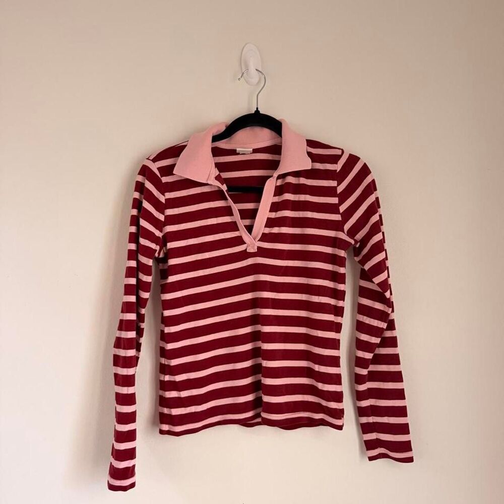 Y2K Old Navy burgundy & pink stripe polo long sleeve top, size M 🩷❤️